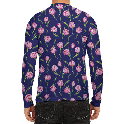 Pink Watercolor Tulip Flower Print Men's Long Sleeve Rash Guard