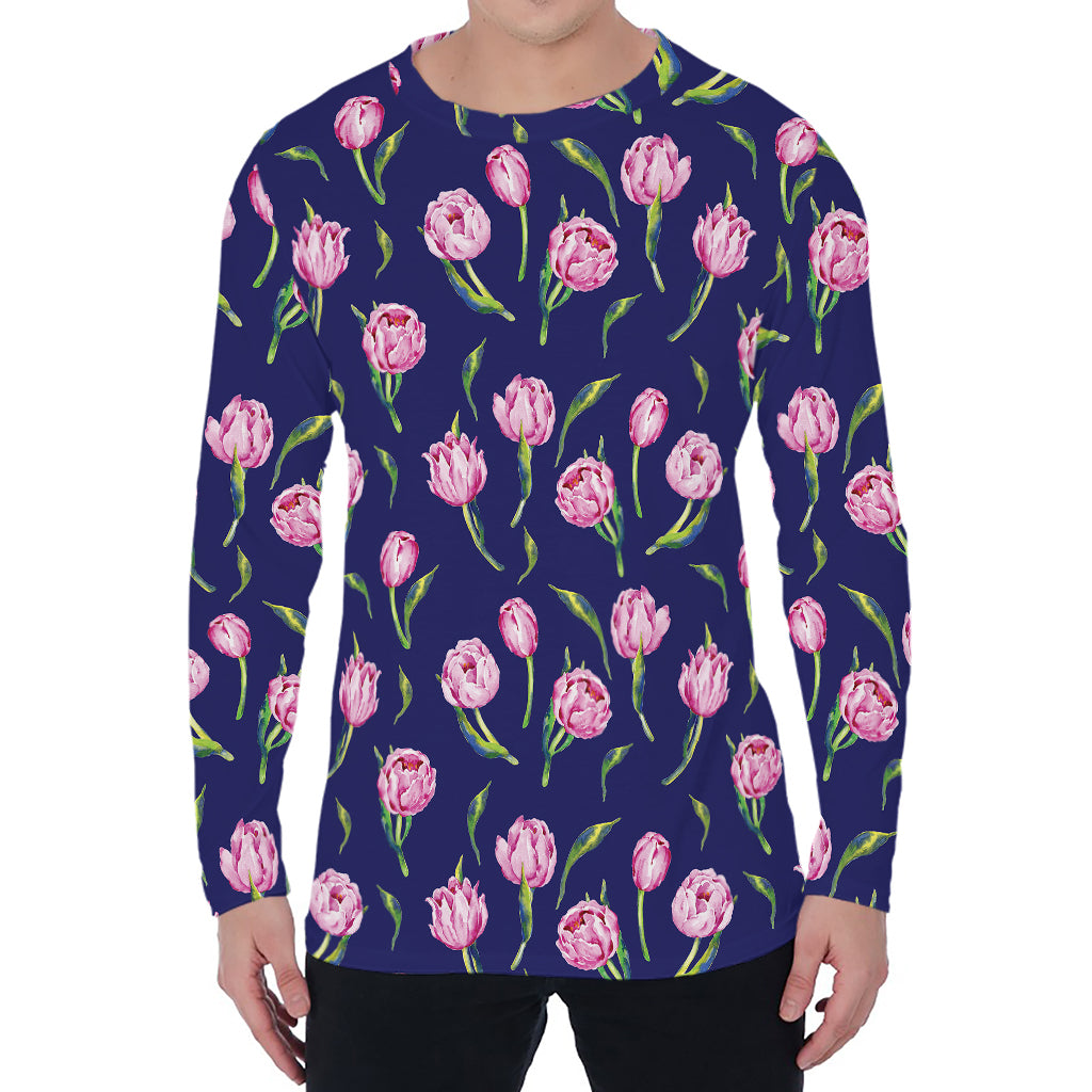 Pink Watercolor Tulip Flower Print Men's Long Sleeve T-Shirt