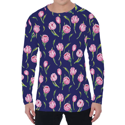 Pink Watercolor Tulip Flower Print Men's Long Sleeve T-Shirt