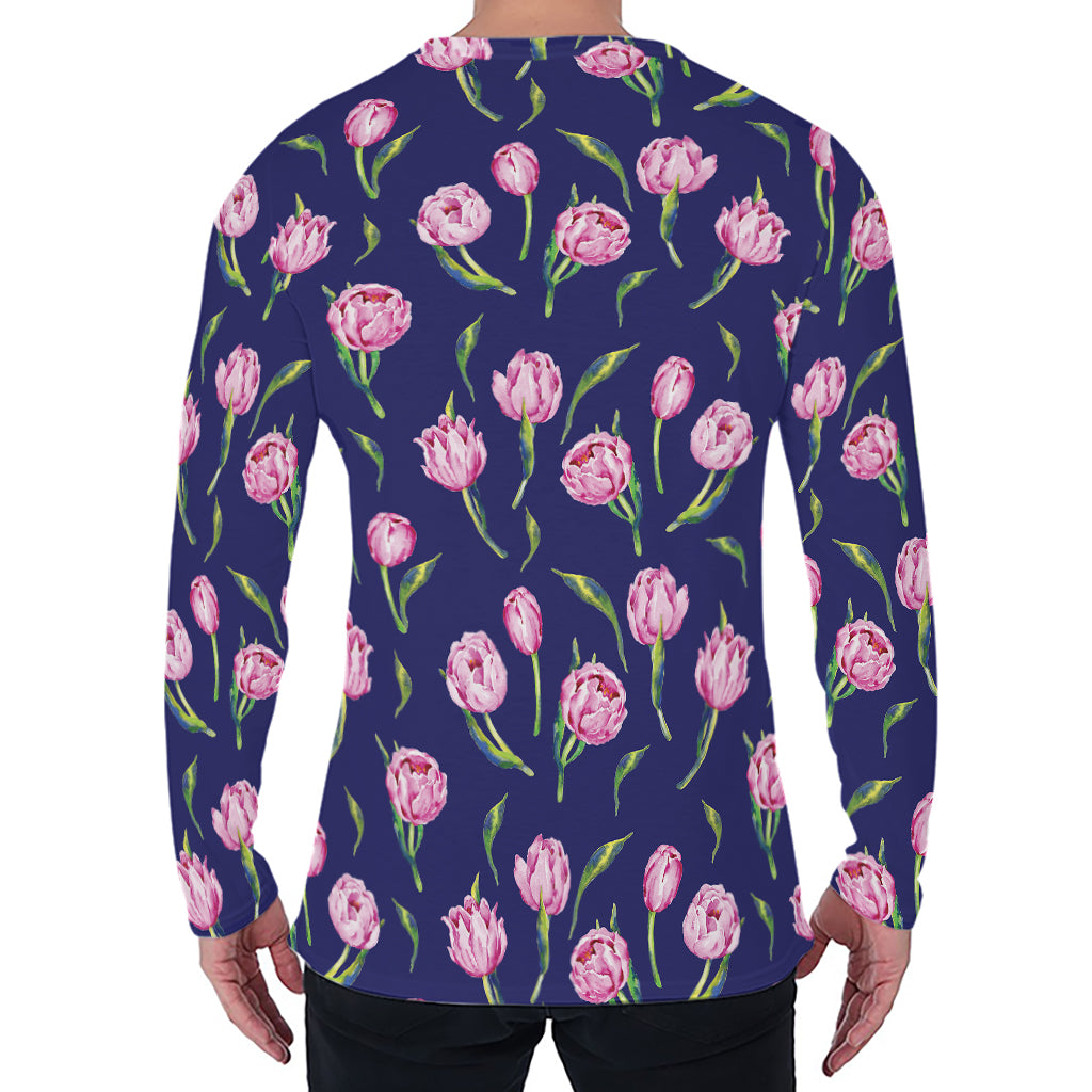 Pink Watercolor Tulip Flower Print Men's Long Sleeve T-Shirt