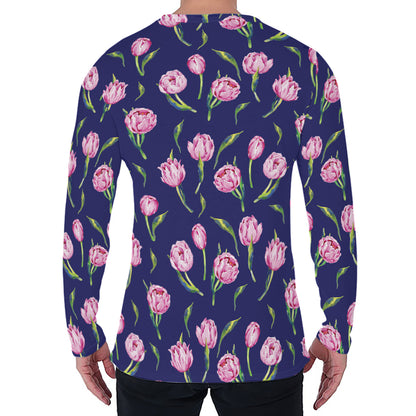 Pink Watercolor Tulip Flower Print Men's Long Sleeve T-Shirt