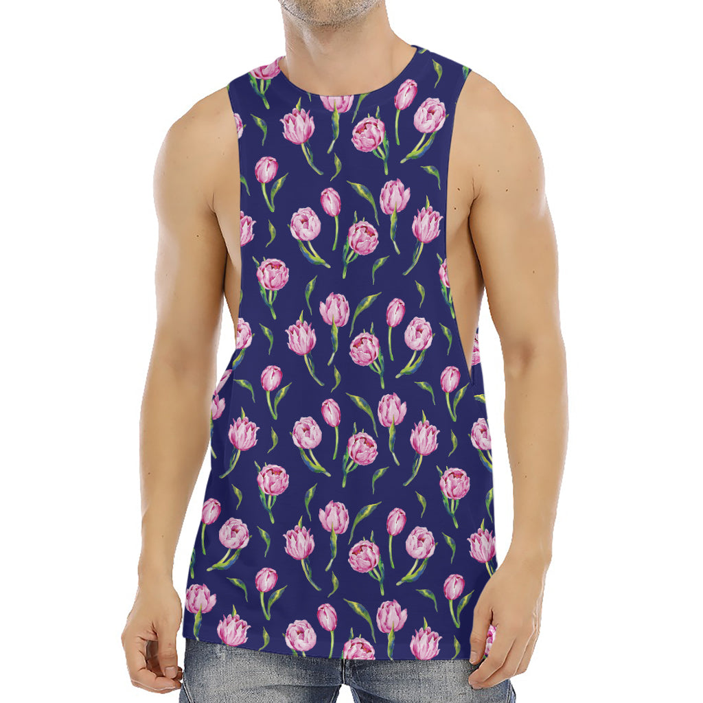 Pink Watercolor Tulip Flower Print Men's Muscle Tank Top