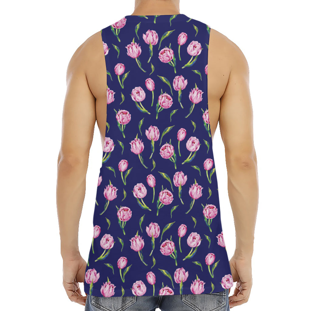 Pink Watercolor Tulip Flower Print Men's Muscle Tank Top