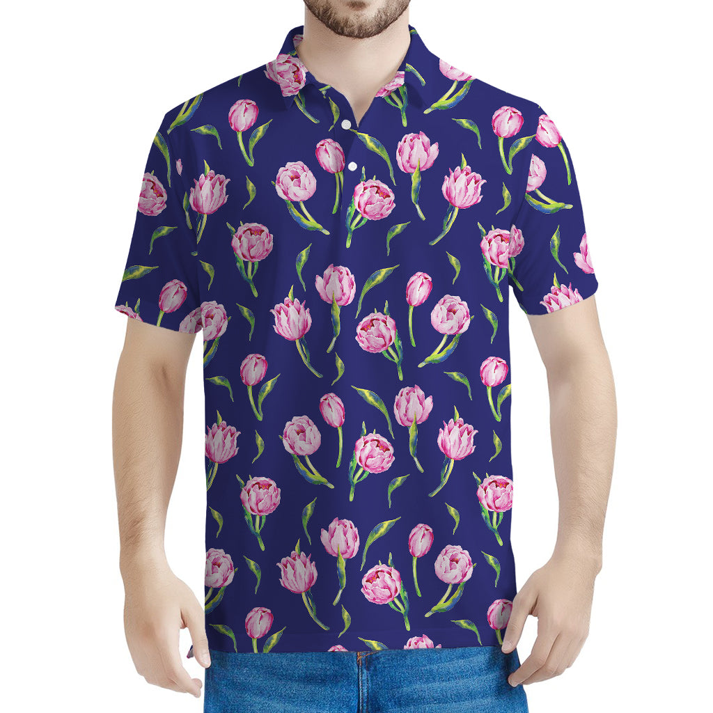 Pink Watercolor Tulip Flower Print Men's Polo Shirt