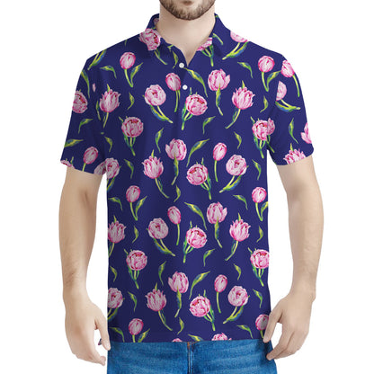 Pink Watercolor Tulip Flower Print Men's Polo Shirt