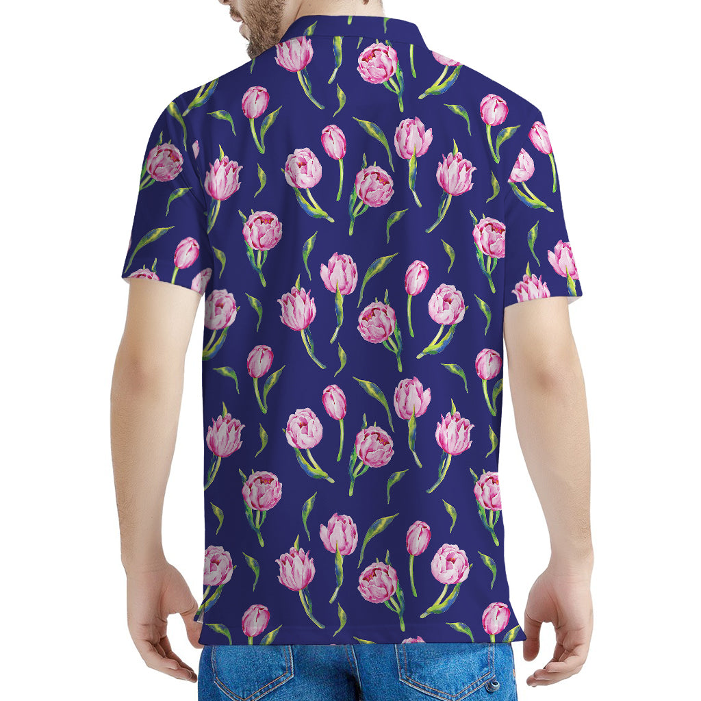 Pink Watercolor Tulip Flower Print Men's Polo Shirt