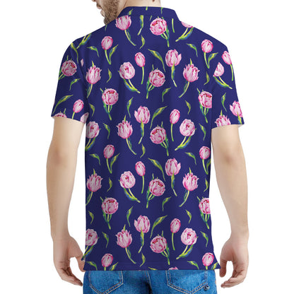 Pink Watercolor Tulip Flower Print Men's Polo Shirt