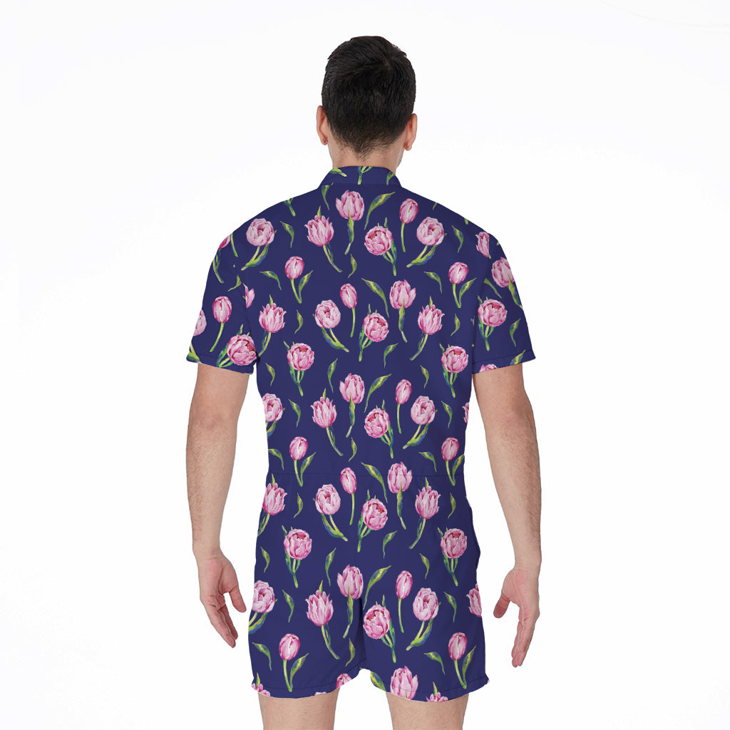 Pink Watercolor Tulip Flower Print Men's Rompers