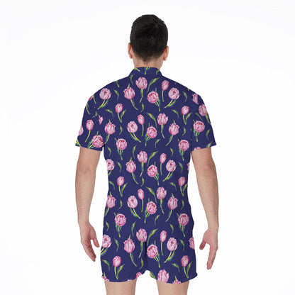 Pink Watercolor Tulip Flower Print Men's Rompers