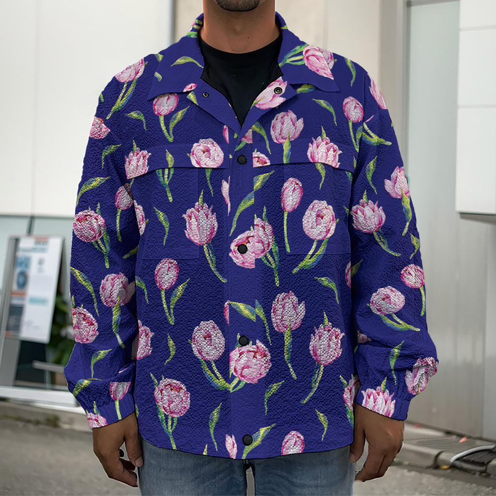 Pink Watercolor Tulip Flower Print Men's Shirt Jacket