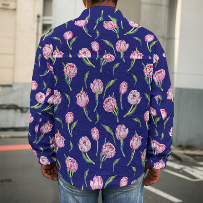 Pink Watercolor Tulip Flower Print Men's Shirt Jacket