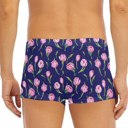 Pink Watercolor Tulip Flower Print Men's Short Boxer Briefs