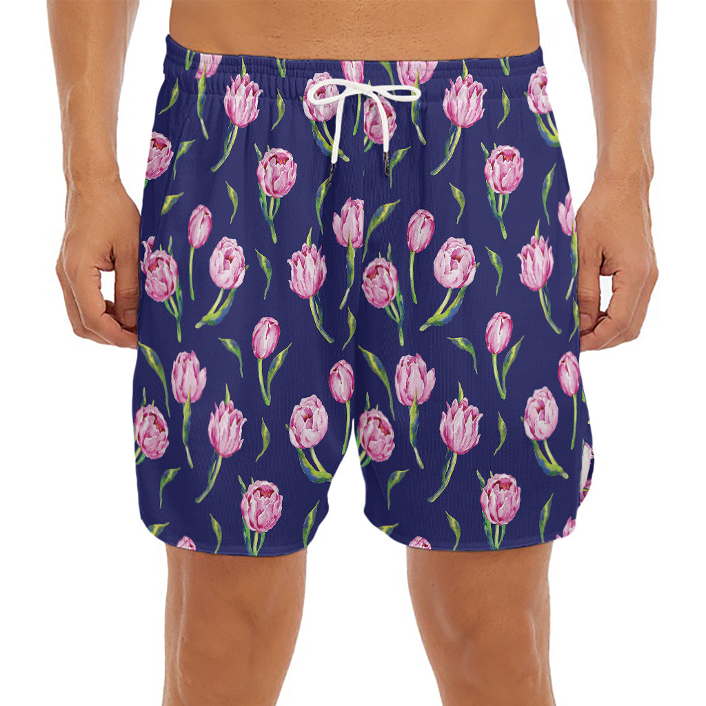 Pink Watercolor Tulip Flower Print Men's Split Running Shorts