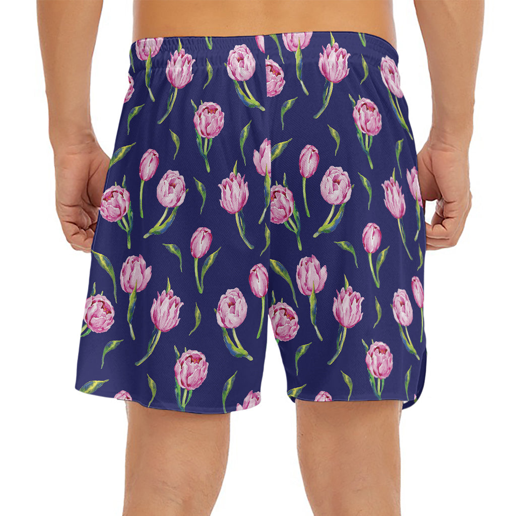 Pink Watercolor Tulip Flower Print Men's Split Running Shorts