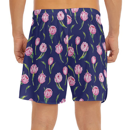 Pink Watercolor Tulip Flower Print Men's Split Running Shorts