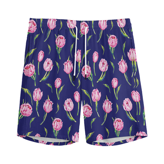 Pink Watercolor Tulip Flower Print Men's Sports Shorts