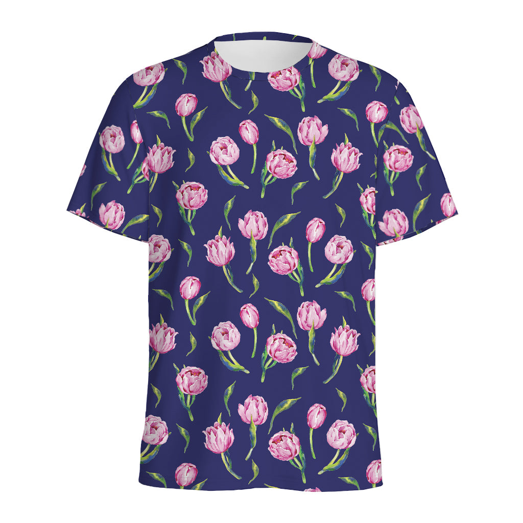 Pink Watercolor Tulip Flower Print Men's Sports T-Shirt
