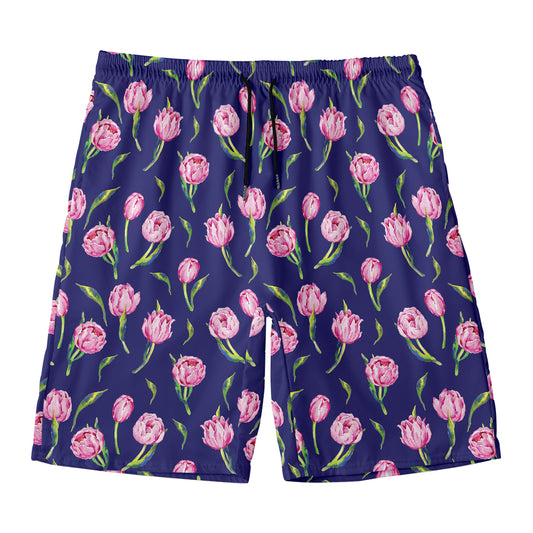 Pink Watercolor Tulip Flower Print Men's Swim Trunks