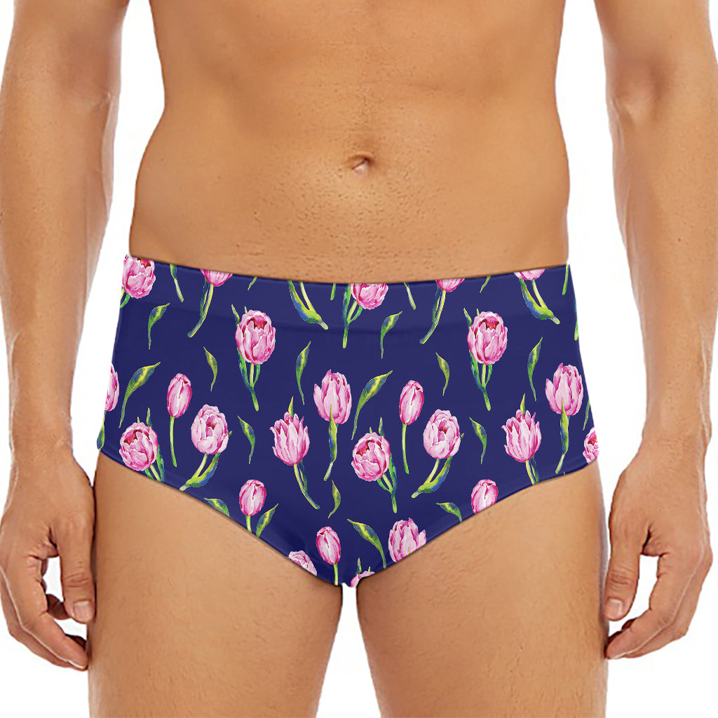 Pink Watercolor Tulip Flower Print Men's Triangle Swim Briefs