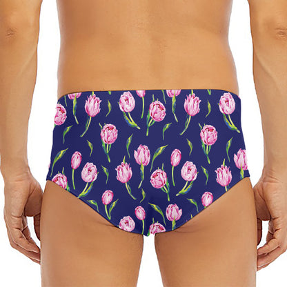 Pink Watercolor Tulip Flower Print Men's Triangle Swim Briefs