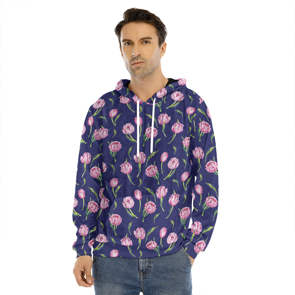 Pink Watercolor Tulip Flower Print Men's Velvet Pullover Hoodie