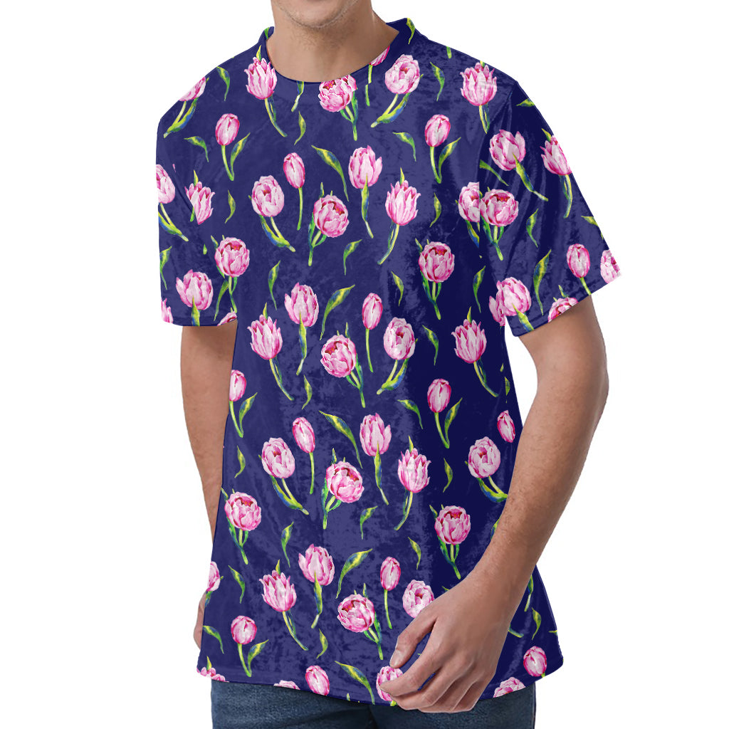 Pink Watercolor Tulip Flower Print Men's Velvet T-Shirt