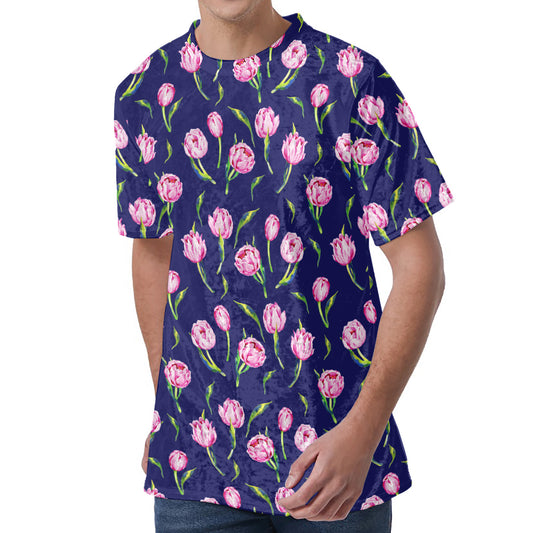 Pink Watercolor Tulip Flower Print Men's Velvet T-Shirt