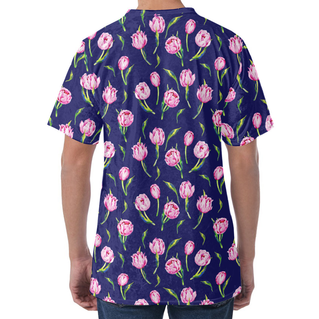 Pink Watercolor Tulip Flower Print Men's Velvet T-Shirt