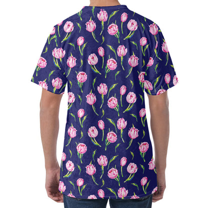 Pink Watercolor Tulip Flower Print Men's Velvet T-Shirt