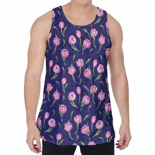 Pink Watercolor Tulip Flower Print Men's Velvet Tank Top