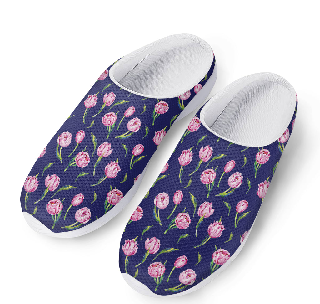 Pink Watercolor Tulip Flower Print Mesh Casual Shoes