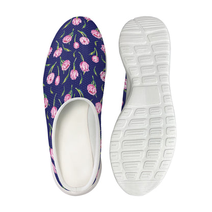 Pink Watercolor Tulip Flower Print Mesh Casual Shoes