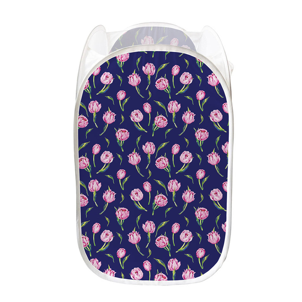 Pink Watercolor Tulip Flower Print Mesh Laundry Hamper