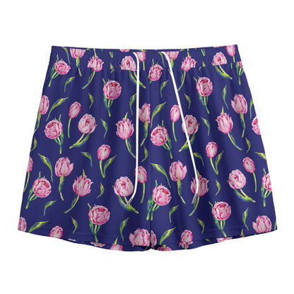 Pink Watercolor Tulip Flower Print Mesh Shorts