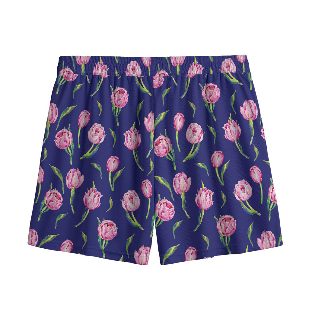 Pink Watercolor Tulip Flower Print Mesh Shorts