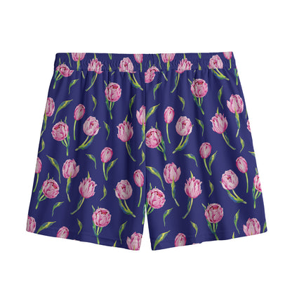 Pink Watercolor Tulip Flower Print Mesh Shorts