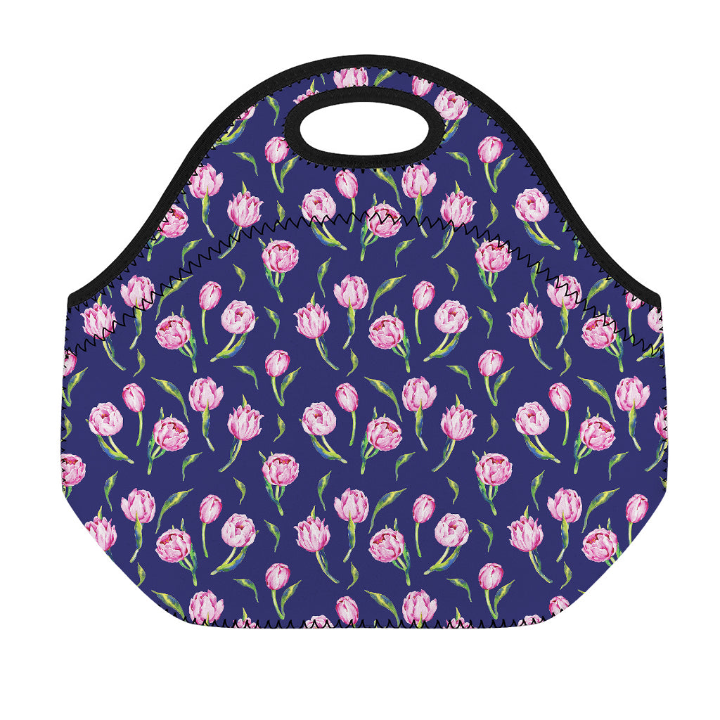 Pink Watercolor Tulip Flower Print Neoprene Lunch Bag