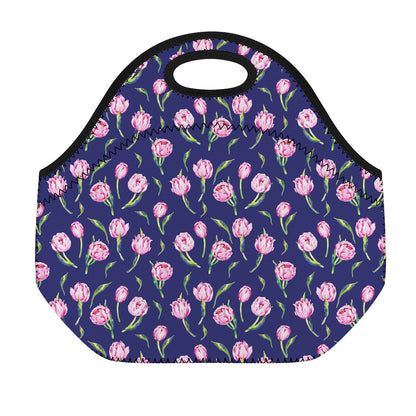 Pink Watercolor Tulip Flower Print Neoprene Lunch Bag
