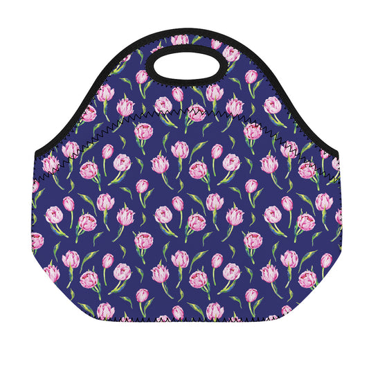 Pink Watercolor Tulip Flower Print Neoprene Lunch Bag