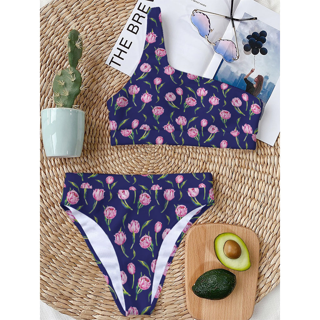 Pink Watercolor Tulip Flower Print One Shoulder Bikini Top