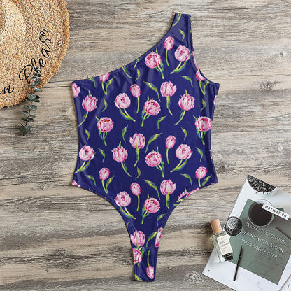 Pink Watercolor Tulip Flower Print One Shoulder Bodysuit