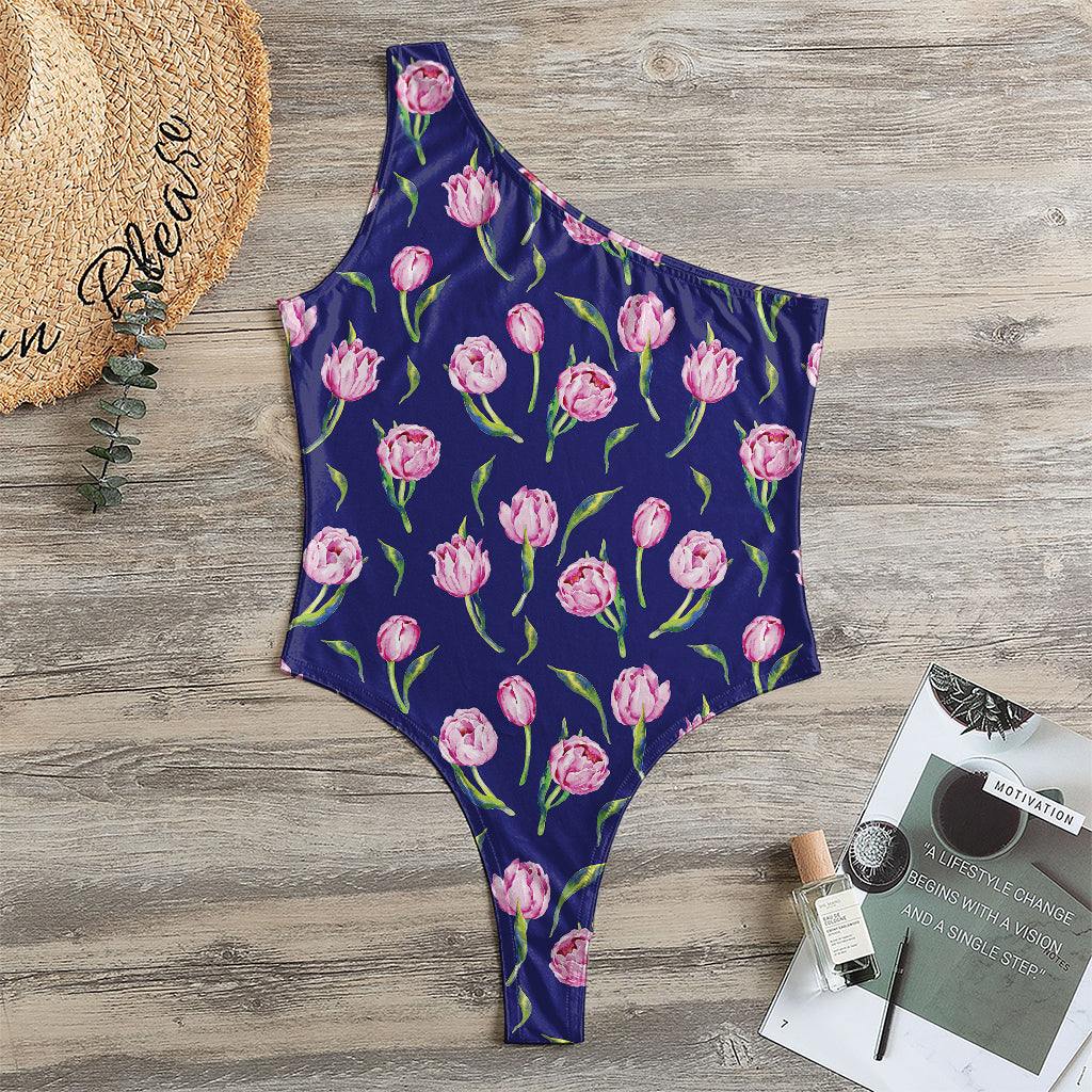 Pink Watercolor Tulip Flower Print One Shoulder Bodysuit