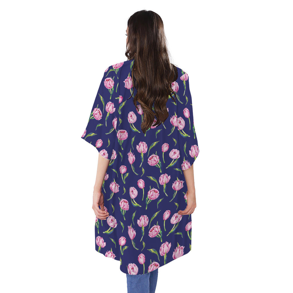 Pink Watercolor Tulip Flower Print Open Front Beach Cover Up