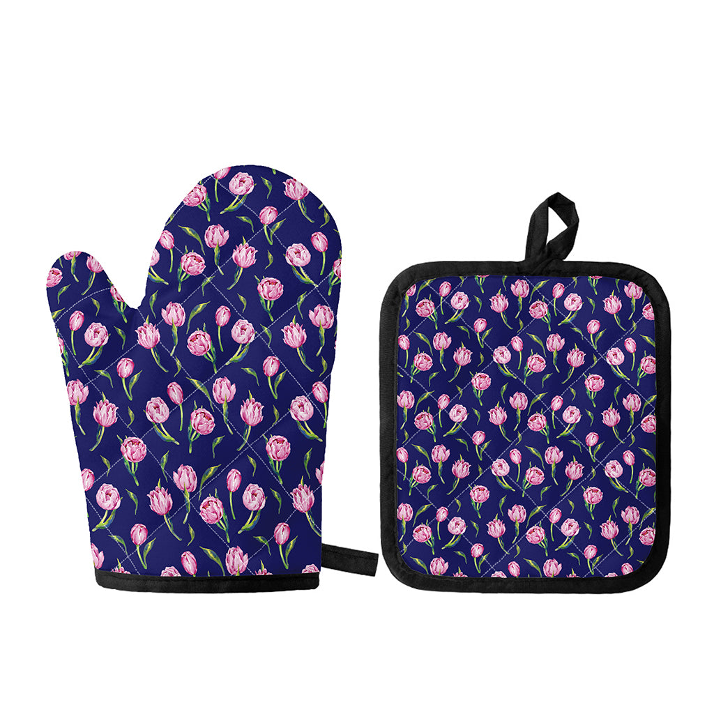 Pink Watercolor Tulip Flower Print Oven Mitt And Pot Holder Set