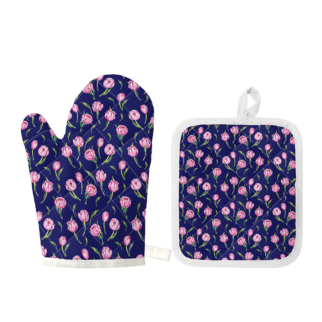 Pink Watercolor Tulip Flower Print Oven Mitt And Pot Holder Set