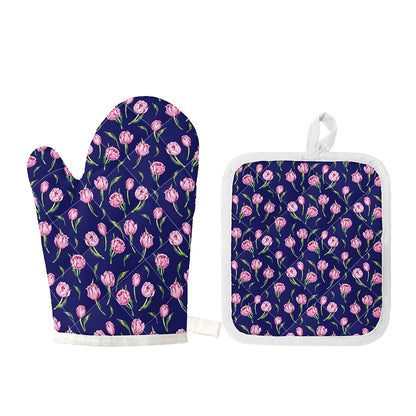 Pink Watercolor Tulip Flower Print Oven Mitt And Pot Holder Set