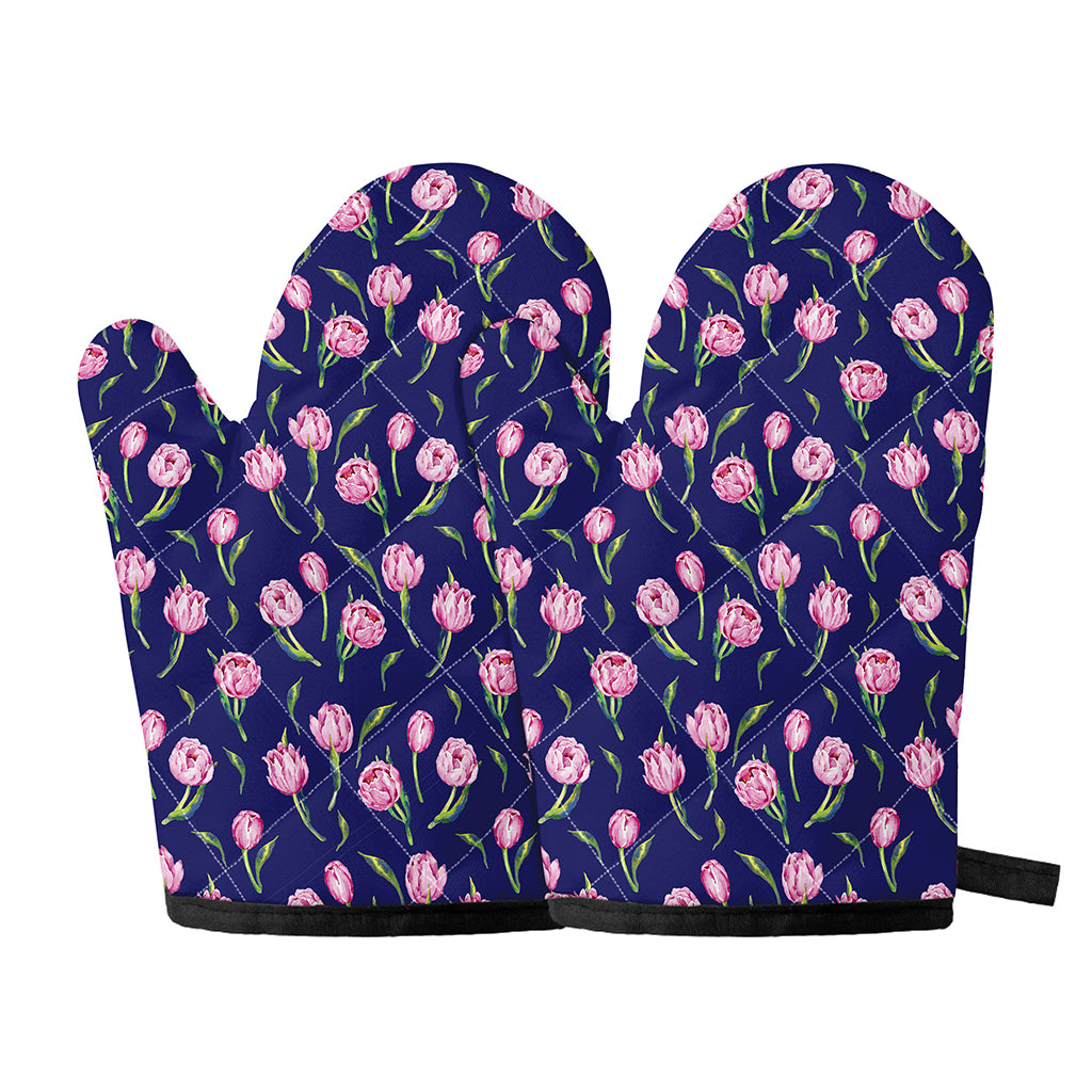 Pink Watercolor Tulip Flower Print Oven Mitts