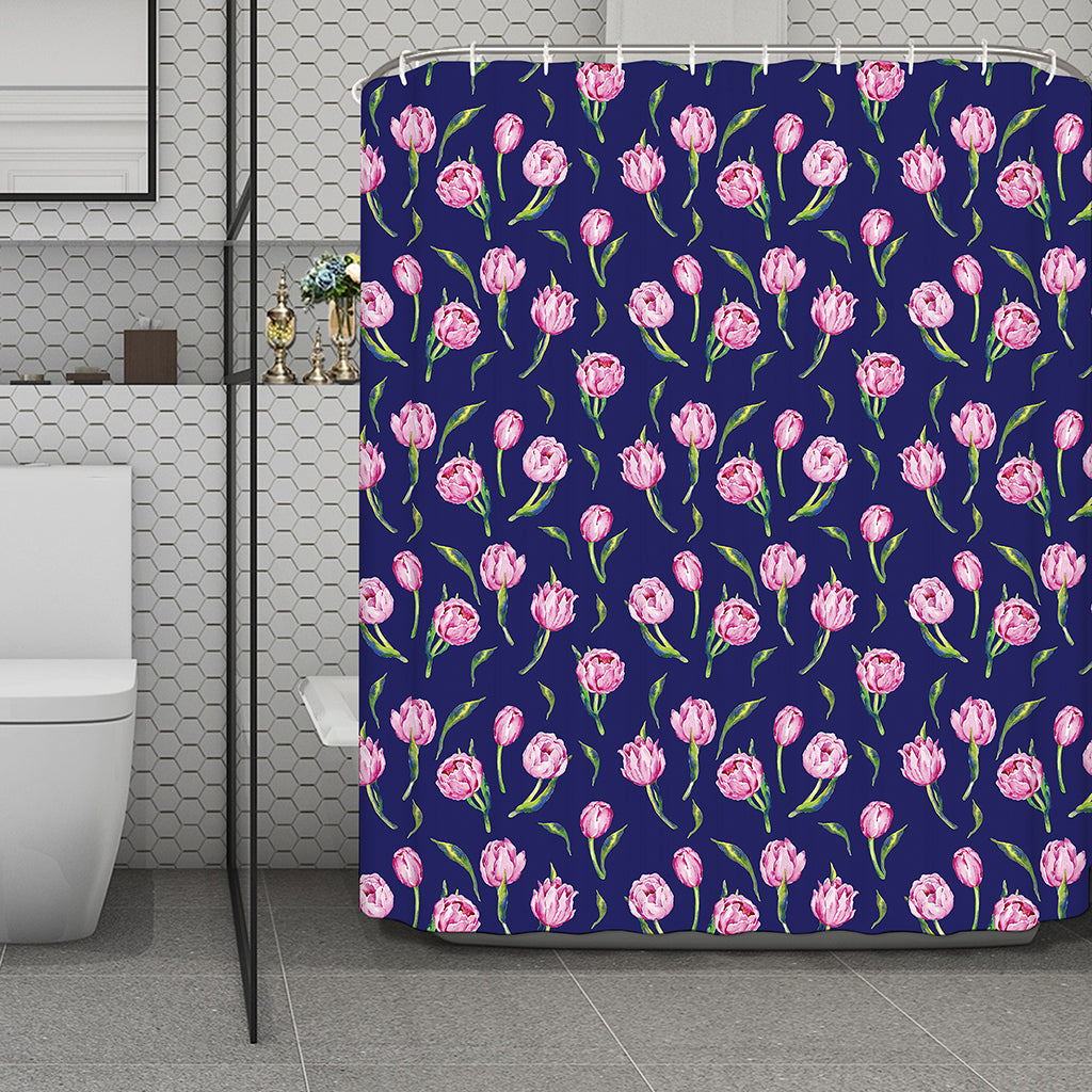 Pink Watercolor Tulip Flower Print Polyester Shower Curtain