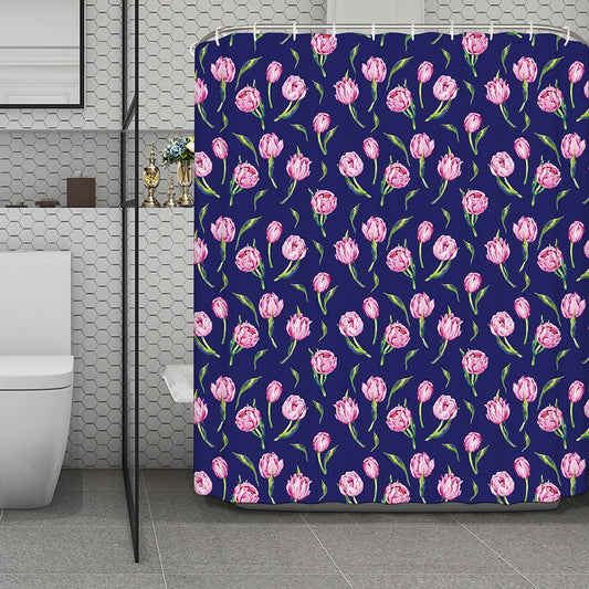 Pink Watercolor Tulip Flower Print Polyester Shower Curtain