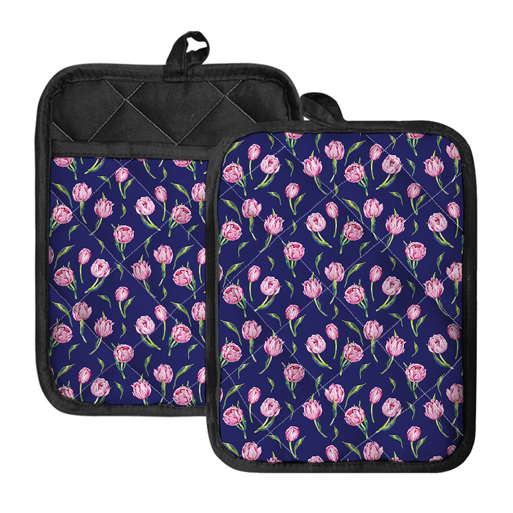 Pink Watercolor Tulip Flower Print Pot Holders With Pocket
